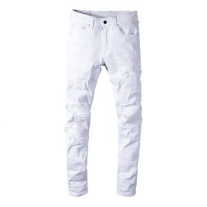 Jeans pour hommes Sokotoo Jeans de motard déchirés extensibles blancs pour hommes Pantalon en denim patchwork plissé slim skinny 230313