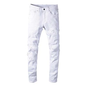 Heren jeans sokotoo heren wit stretch gescheurde fietser spijkerbroek slanke mager geplooide patchwork denim broek T221102