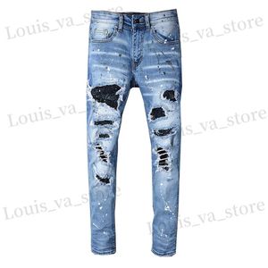 Jeans masculin Sokotoo Mens Rhinestone Crystal Patchwork Blue Bleu Ripped Jeans Slim Fit Skinny Stretch Denim Pants T240411