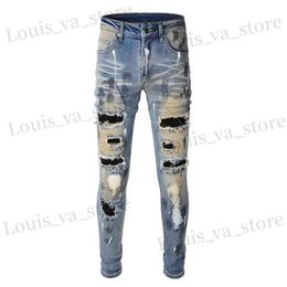 Jeans masculins sokotoo hommes trous vintage rivet patch mince jeans déchirés