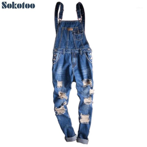 Pantalones vaqueros para hombre Sokotoo Agujeros de bolsillo de parche Destroyed Denim Bib Overoles Azul Tirantes desgastados Monos