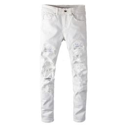 Heren Jeans Sokotoo Witte Kristal Gaten Gescheurde Mode Slanke Skinny Stretch Denim Broek 230804