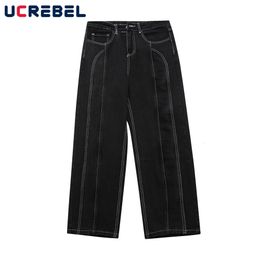 Heren Jeans Effen Kleur Denim Broek Heren High Street Stitch Spliced Baggy Streetwear Straight leg Casual Broek Mannen 230720