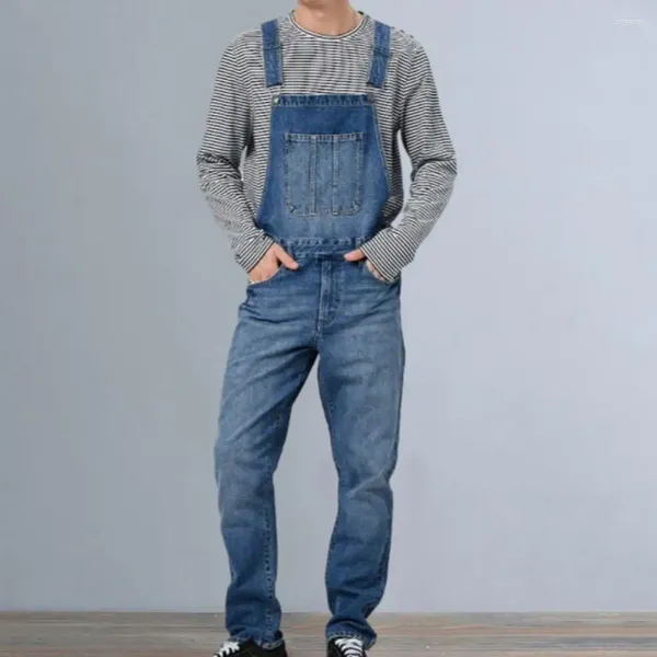 Jeans pour hommes, salopette en Denim multi-poches de couleur unie, combinaison douce et respirante avec bretelles, pantalon Long pour plus de confort