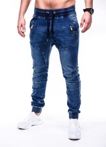 Jeans pour hommes couleur unie Vintage homme rides bleu classique Cargo pantalon Mans poches zippées Hip-hop Denim cordon pantalon décontracté