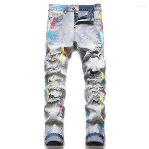 Heren Jeans Spatten-inkt Borstelverf Regenboog Gescheurde rand Zacht Katoen Stretch Seizoen Lichtblauw Kat Whisker Label High Street Fa251v