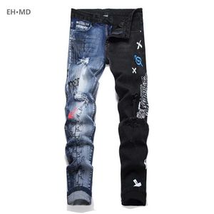 Jeans pour hommes jeans à encre éclaboussure pour hommes Ft Splice en cuir perforé Pantalon de broderie usée brillante