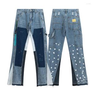 Herren-Jeans mit gespleißter Waschung im Vintage-Stil und High-Street-Speckled-Hosen für Damen mit Micro-Ragged, lässig ausgestellt