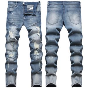 Jeans masculin épisser complexe des points de singe de couleur rétro avec une technologie d'éclaboussure à la main trous de patch au pied à la mode et à la mode pantalon en jean