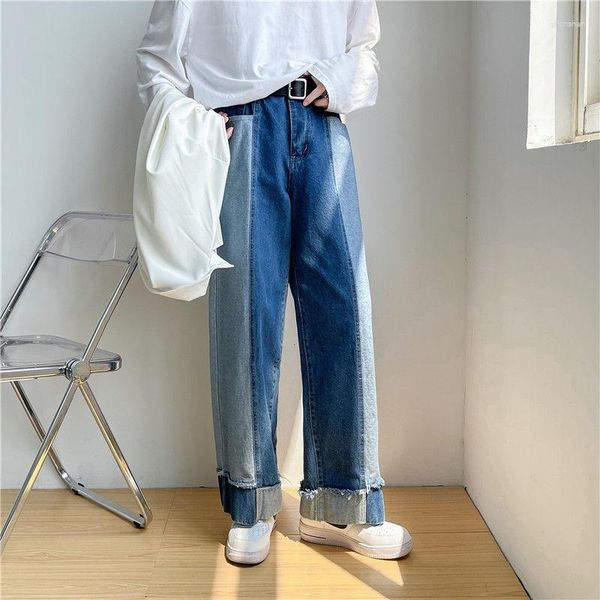 Jeans pour hommes épissage contraste couleur hommes surdimensionné Hiphop rue tendance pantalon droit à jambes larges pantalon en Denim lavé ample quatre saisons