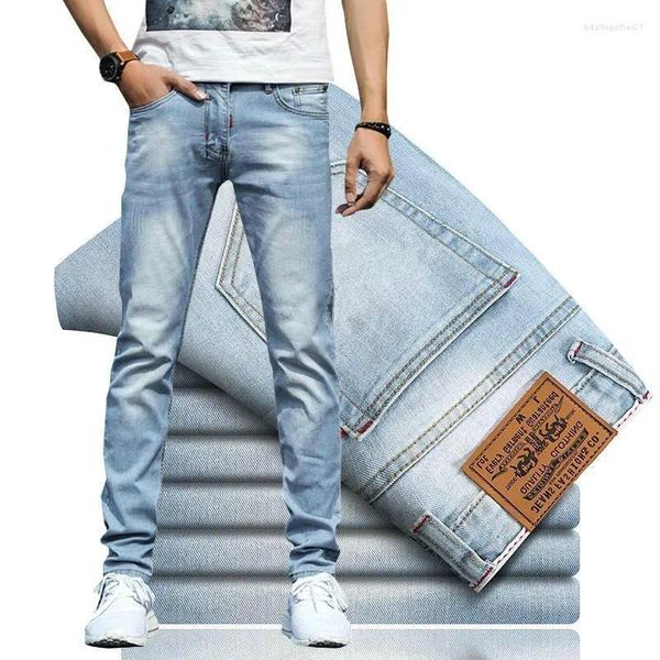 Jeans pour hommes printemps et automne mode couleur unie élastique bleu petit pied pantalon décontracté mince confortable de haute qualité