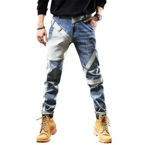 Heren jeans lente en herfst Koreaanse designer -stijl hiphop ultra dunne denim luxe motorfiets retro elastische splice -broek broek broek Q240509