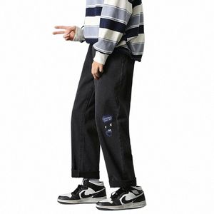 Jeans para hombres Primavera y otoño Estudiantes Casual Flojo Recto Pantalones de pierna ancha Tendencia Street Graffiti Jeans de mujer Azul Negro G6GF #