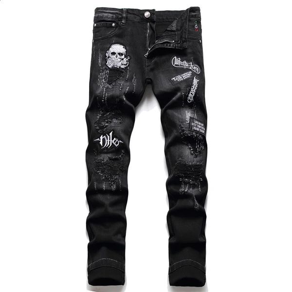 Jeans pour hommes Printemps Automne 2023 Ripped Black Fashion Skull Broderie Slim Stretch Pantalon Discothèque Moto Tendance Vêtements 231214