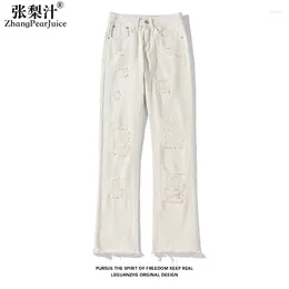 Heren jeans lente herfst herfst heren denim broek trendy high street fabric fabric broek wit gescheurde micro wijd uitlopende pantalon