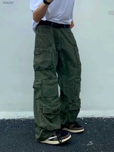Heren jeans lente vrachtbroek nieuwe populaire rijstwitte multi-zakken overalls harajuku blijft mannen losse casual broek rechte dweilbroek wx