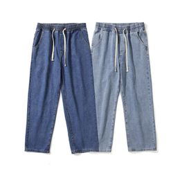 Jeans pour hommes printemps automne rétro mode solide classique bleu droit denim pantalon adolescents taille élastique lâche décontracté polyvalent pantalon 230509