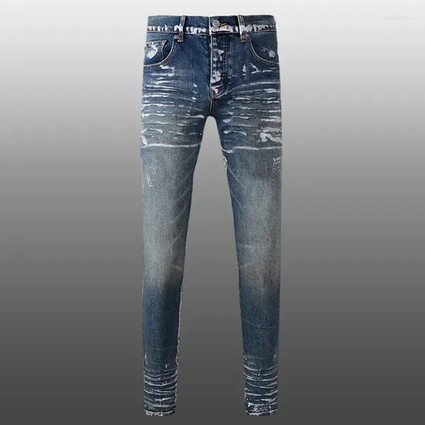 Jeans pour hommes Printemps High Street Bleu Foncé Argent Peinture Design Pour Hommes Pantalons De Moto Skinny Streetwear Jean Hombre