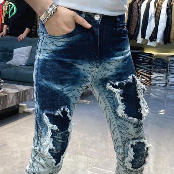 Jeans pour hommes Printemps High Street Broderie Hommes Trou cassé Patch Slim Fit Pantalon élastique Hip Hop Streetwear Denim Pantalon