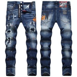 Jeans pour hommes Spring Hole Patch Coloré Scramble Print Small Straight Mid Rise Denim