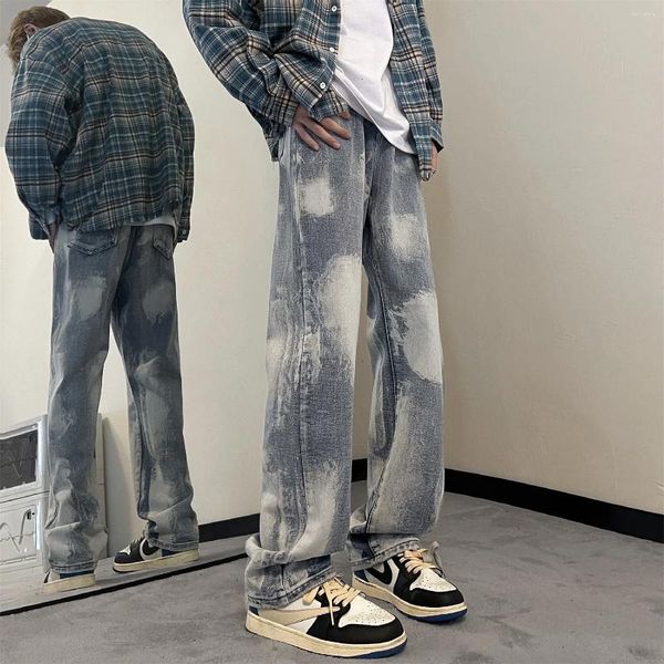 Jeans para hombres Primavera Coreano Retro Hombres Luz Azul Tie-Dye Gradiente All-Partido Suelto Casual Lavado Recto Hip Hop Pantalones de pierna ancha