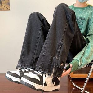 Jeans pour hommes printemps Style coréen ample jambe large Denim pantalon homme mode couleur unie lavé taille haute pantalon 2023 A130