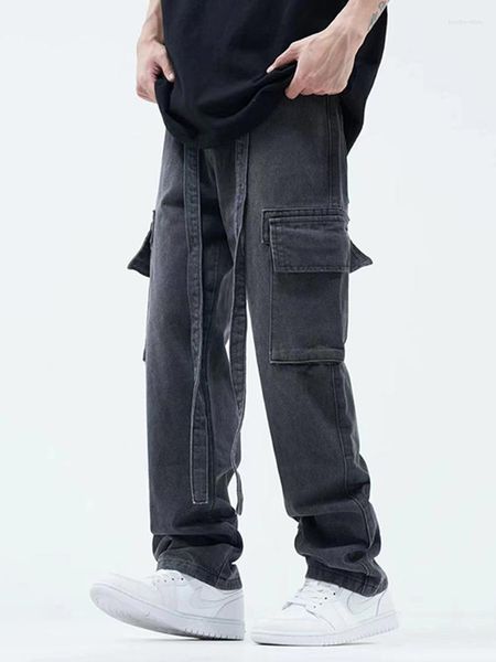 Pantalones vaqueros de primavera con múltiples bolsillos para hombre, pantalones Cargo para hombre y mujer, moda coreana, pareja de Hip Hop, mezclilla recta suelta para hombre