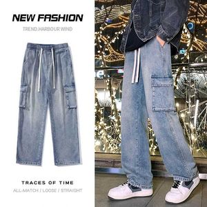 Jeans masculin Spring New Man Elastic Taist Cargo Baggy Jeans High Strt Pantal