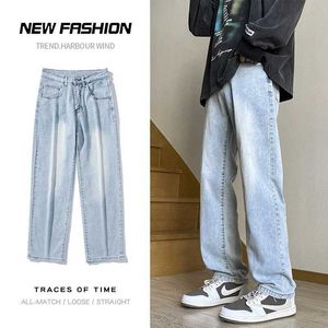 Jeans masculin Spring New Mens Baggy Straight Jeans Version coréenne High Strt Fashion Denim Pantalon de jambe large pantalon de taille élastique Y240507