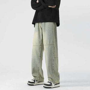Herenjeans lente nieuwe heren denim brede pijpen broek Amerikaans patchwork fabric mode baggy jeans mannelijk merk kleding zwart blauw ins y240507