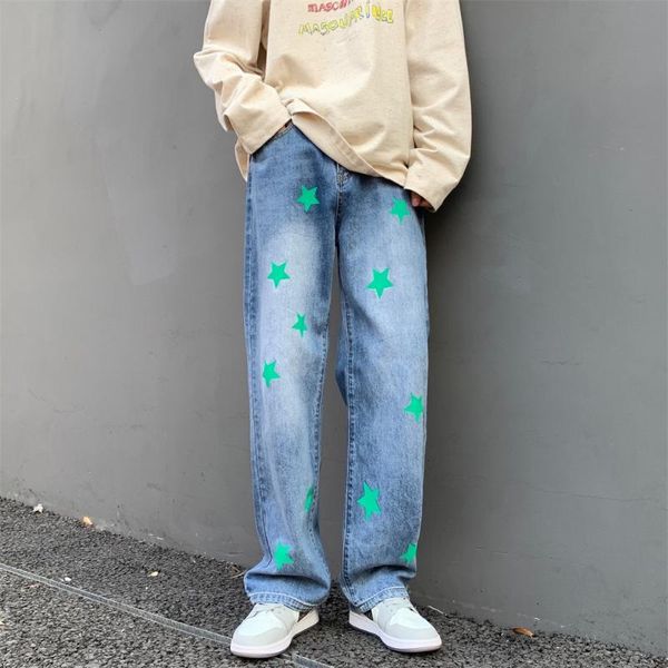 Heren Jeans Spring Star Print Jean Broek Japan Stijl Mannelijke Rechte Losse Denim Streetwear Baggy Hip Hop Broek Zwart/Blauw