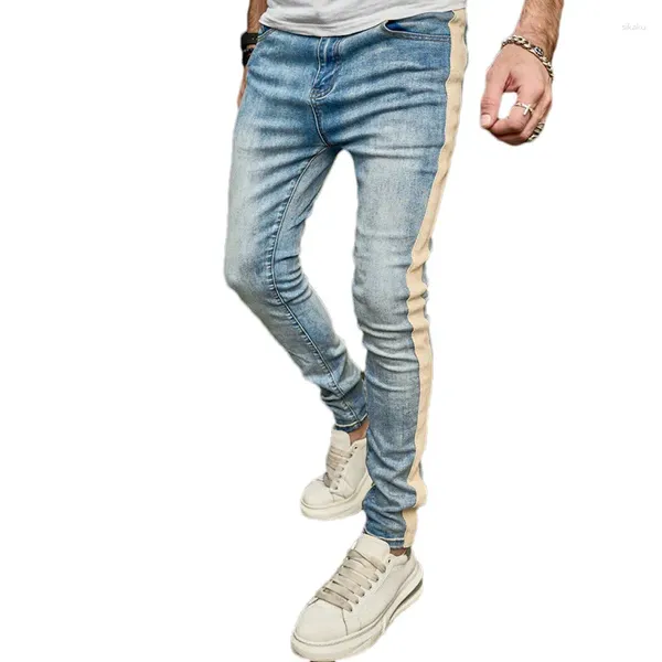 Jeans masculin Spring Élégant masculin de rue Hiphop Stripes latérales épissées pantalons minces