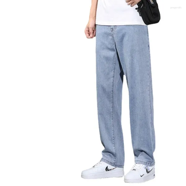 Jeans pour hommes printemps été décontracté mince gris affaires glace soie denim pantalon droit mâle style classique marque pantalon