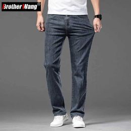 Heren jeans lente zomer heren dunne blauw grijze jeans elastische taille mode casual denim broek man mannelijke merk broek plus maat 42 44 46WX