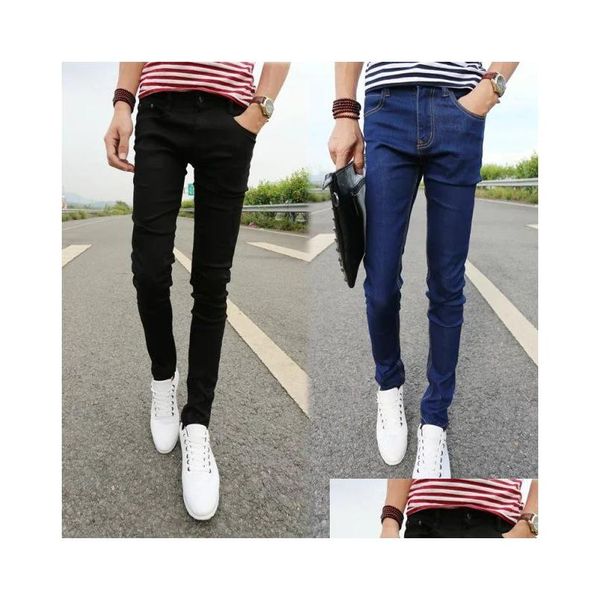 Jeans para hombres Primavera Verano Jeans ajustados Ocio para hombre Pantalones elásticos para pies Pantalones ajustados de longitud negra Lápiz Hombres Ropa de entrega de gota M DH07X