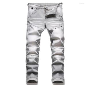 Jeans pour hommes Printemps Pantalon Automne Européen Américain Feng Shui Lavé Trou Cousu Gris Slim Petit Pied Élastique Moto