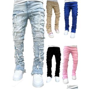 Les jeans masculins empiles les hommes pourpre régar fit empilé sont morts détruits pantalons en denim droit des vêtements de street