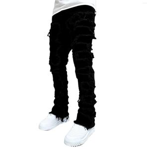 Jean masculin empilé hirigin régulier plaque en ajustement détressé détruit pantalon de jean droit streetwear vêtements décontracté jean