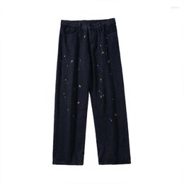 Jeans masculino com bordado de estrela estampado com respingo de tinta hip hop streetwear vintage solto largo calças masculinas hiphop retas 2023