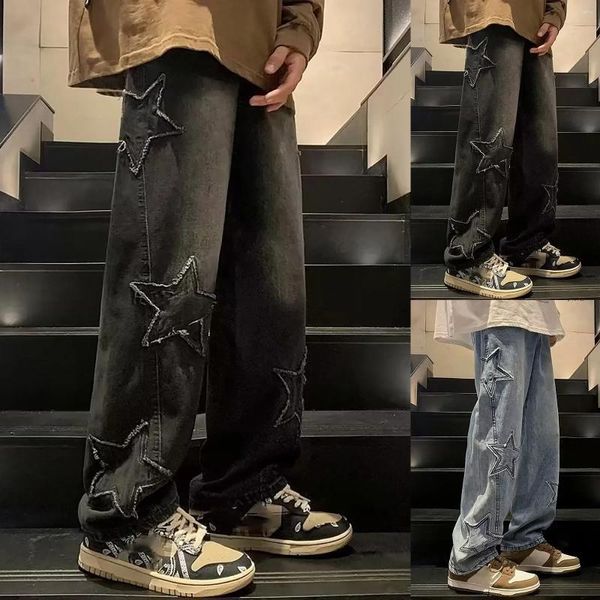 Bordado de la estrella de jeans masculinos piernas rectas de pantalones anchos sueltos de moda