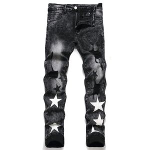 Jeans masculin Stars Jeans Jeans Broderie Pantalon de moto à la tendance Ripped Streetwear Black Denim Slim Fit Casual Casual Casumed Hip Hop Pantmand 230313