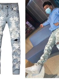 Pantalones de mosaico de jeans para hombres Men Vintage Bordado con estilo Hip Hop Slim Pencil Slim Stretch Agualones Manientes casuales Pantalones de mezclilla