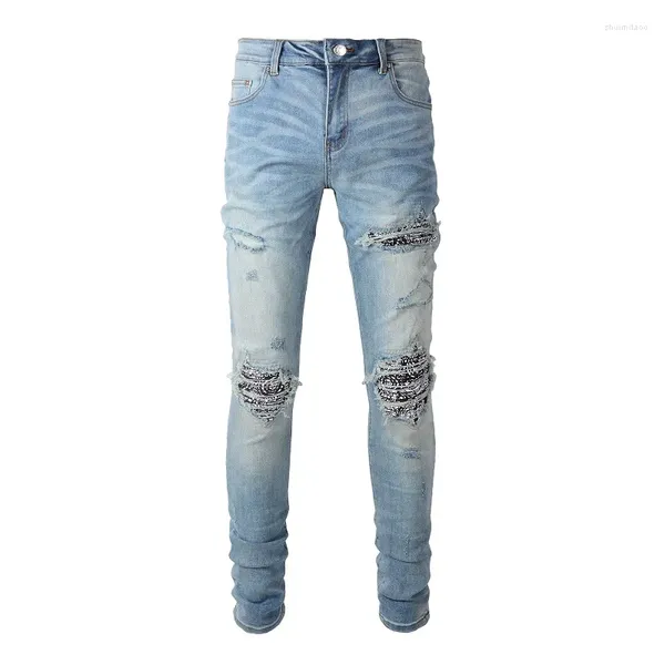 Jeans pour hommes Style Steetwear Skinny Stretch Holes Slim Fit Bleu clair High Street Tie Dye en détresse déchiré