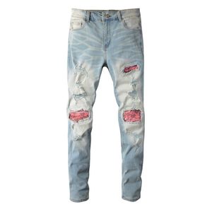 Heren jeans steetwear -stijl stropdy kleurstof bandana ribben patchwork skinny stretch gaten slank fit lichtblauwe high street verontruste gescheurde 230330