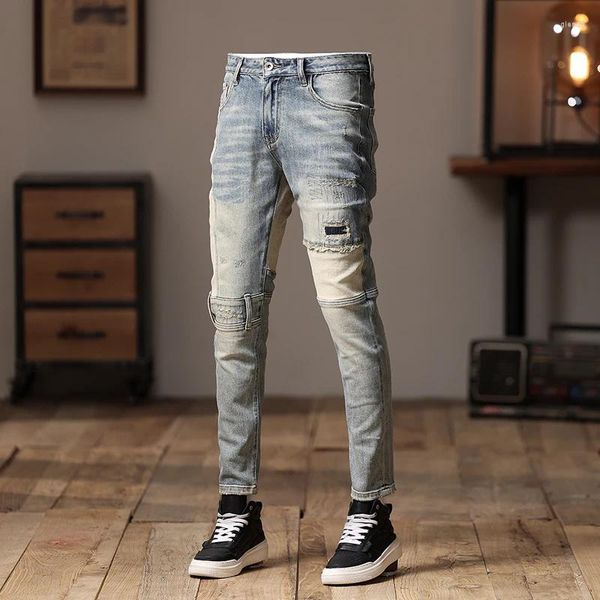 Jeans pour hommes couture moto rétro rue en détresse conception de rayures tendance décontracté pantalon de mode maigre