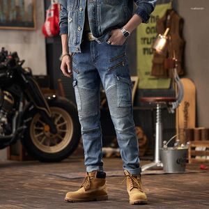 Jeans masculin couture le cargaison plissée de la locomotive mode lavage haut de gamme décontracté artisanat pant tappement pantalon