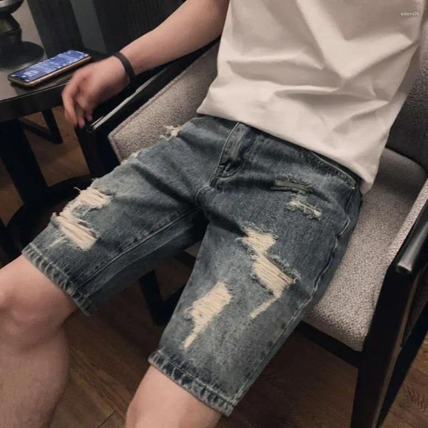 Jeans para hombres Pantalones cortos de mezclilla de corte recto Verano rasgados con bolsillos Cremallera Pierna Media altura hasta la rodilla para A