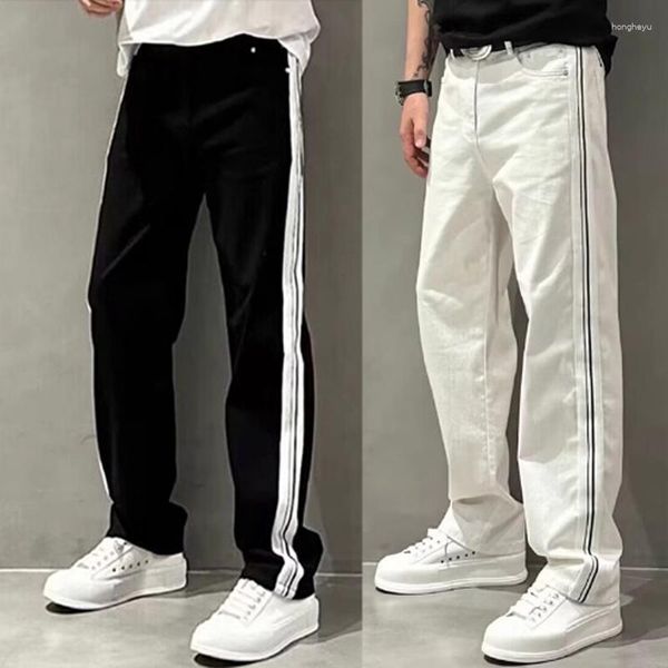 Jeans pour hommes droites de haute qualité Designer Side Stripe Pantalon en denim décontracté Style Preppy Noir Business Streetwear Mans Pantalon