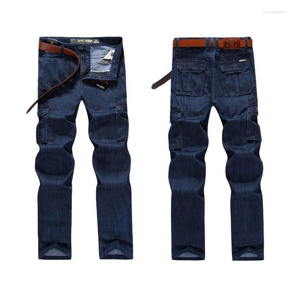 Pantalones vaqueros rectos para hombre, pantalones tácticos informales para hombre, con múltiples bolsillos, Cargo suelto, vaquero sólido de talla grande 29-44