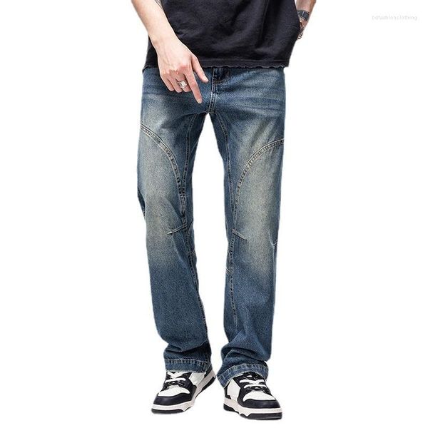 Jeans pour hommes Straight Vintage Poignets lavés Pantalon en denim rayé Streetwear Hip Hop Baggy pour homme